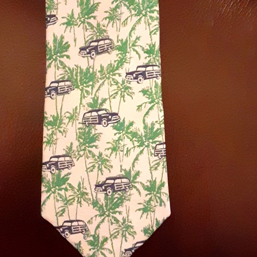 Goodfellow & Co green & navy  blue necktie palm trees car Woodie tropical NEW…
